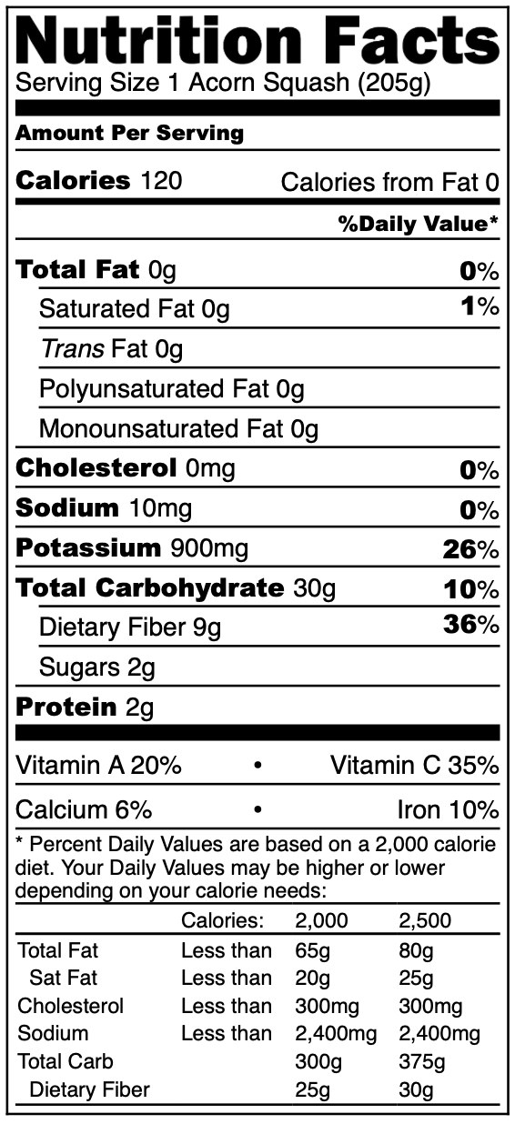 acorn squash nutrition label